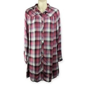 Cloth & Stone Anthropologie Pink Plaid Shirt Dress Long Slv Oversized Soft S